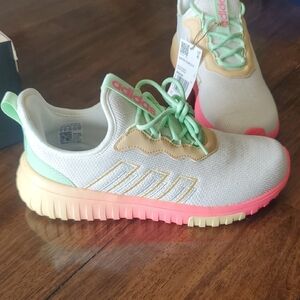 Adidas White Sneakers with Pink and Green Accents